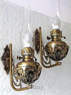 Ornate (Converted) Pair of Victorian WALL MOUNTED Oil Lamps Brass Sconces