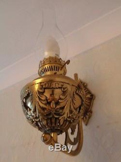 Ornate (Converted) Pair of Victorian WALL MOUNTED Oil Lamps Brass Sconces