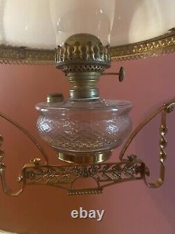 Ornate Retractable Brass Victorian Hanging Oil Parlor Lamp With White Shade