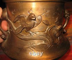 Ornate Table Oil Lamp Bronze Brass Birds Miller Burner Elephant Handles 7w 11.5t