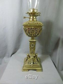 Outstanding Antique Victorian Cranberry Hinks & Sons Cast Brass Oil Lamp