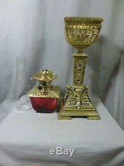 Outstanding Antique Victorian Cranberry Hinks & Sons Cast Brass Oil Lamp
