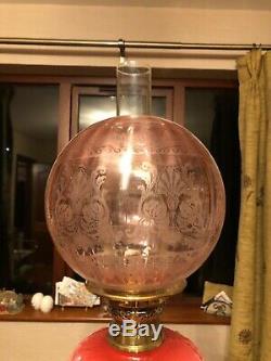 Outstanding Cranberry/ Ruby glass original Victorian Oil Lamp etched shade