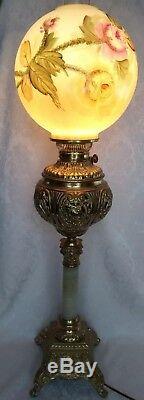 Outstanding VICTORIAN GWTW Bronze/Onix Oil Lamp Hand Painted Globe Converted 36