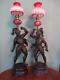 Pair Antique(c1890)oil Lamps As Dueling Knights -cranberry Glass Fonts & Shades