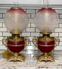 PAIR Antique 1880's Bradley and Hubbard Signed Oil Lamps Electrified STUNNING
