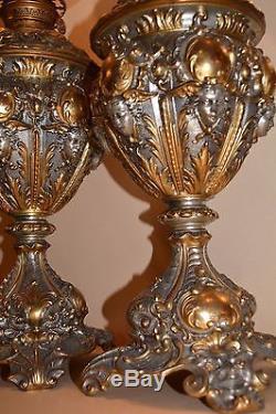 Pair Of Antique Gilded Cherub's Faces Old Oil Lamp