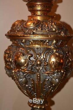 Pair Of Antique Gilded Cherub's Faces Old Oil Lamp
