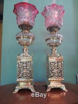 Pair Original Antique Victorian(circ1890)oil Lamps- Cranberry Glass Tulip Shades