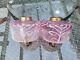 PAIR Original Victorian Pink Opaline Glass Peacocks Tail Oil Lamp Fonts Duplex