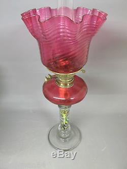 Pretty Victorian Freeblown Glass Ruby Oil Lamp With Duplex Burner