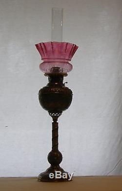 PRICE DROP VICTORIAN OIL LAMP 1890's CRANBERRY & BRASS, EDWARD MILLER, JUNO