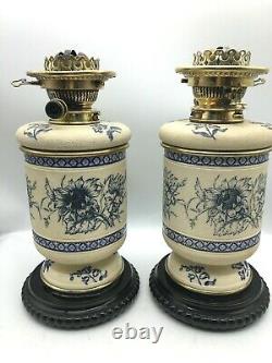 Pair 19th century stoneware oil lamps HInks burners Taylor Tunnicliffe