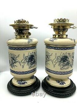 Pair 19th century stoneware oil lamps HInks burners Taylor Tunnicliffe