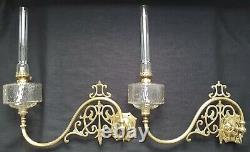 Pair Antique Brass Oil Lamps Gas Light Wall Mounts British Made Gothic Burners