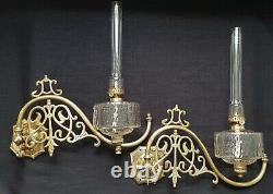 Pair Antique Brass Oil Lamps Gas Light Wall Mounts British Made Gothic Burners
