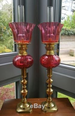 Pair Antique Cranberry Glass Crystal Piano Peg Oil Lamps Original Tulip Shade A1