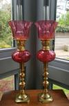 Pair Antique Cranberry Glass Crystal Piano Peg Oil Lamps Original Tulip Shade A1