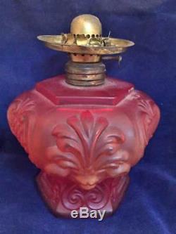 Pair Antique Miniature Red Satin Glass Victorian Mini Oil Lamp Shade Lion 9