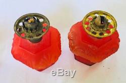 Pair Antique Miniature Red Satin Glass Victorian Mini Oil Lamp Shade Lion 9