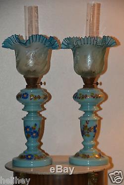 Pair Antique Victorian/french Opaline glass oil lamp with tulip shade
