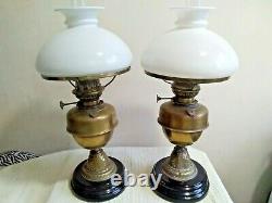 Pair Antique Vintage Brass & Ceramic Base Oil Lamps & White Glass Shade Chimney