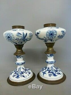 Pair Of Antique Meissen Onion Pattern Oil Lamps