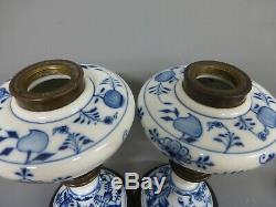 Pair Of Antique Meissen Onion Pattern Oil Lamps
