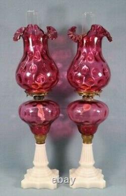 Pair Of Vintage Cranberry Coin Spot Banquet Lamps Oil Burning