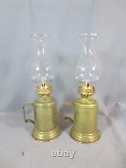 Pair Of Vintage Handheld Brass Oil Lamps & Chimneys Shepard Hut Farmhouse Barge