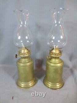 Pair Of Vintage Handheld Brass Oil Lamps & Chimneys Shepard Hut Farmhouse Barge