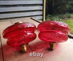 Pair Original Victorian 18.2cm Cranberry Ruby Diamond Cut Glass Oil Lamp Fonts