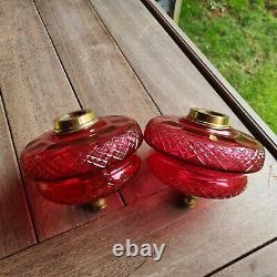 Pair Original Victorian 18.2cm Cranberry Ruby Diamond Cut Glass Oil Lamp Fonts