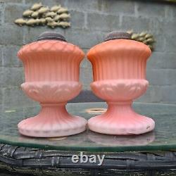 Pair Original Victorian Cased Glass Nursery Bijou Oil Lamp Bases Orange Peach