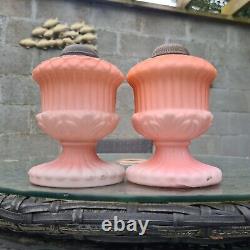 Pair Original Victorian Cased Glass Nursery Bijou Oil Lamp Bases Orange Peach