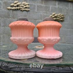 Pair Original Victorian Cased Glass Nursery Bijou Oil Lamp Bases Orange Peach