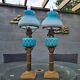 Pair Satin Blue Glass Vesta Oil Lamps Corinthian Column Brass Base Shades Fonts