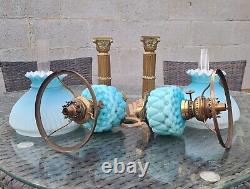 Pair Satin Blue Glass Vesta Oil Lamps Corinthian Column Brass Base Shades Fonts