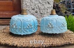 Pair Victorian Blue Moulded Cased Glass Oil Lamp Fonts, Gilding Rubbed