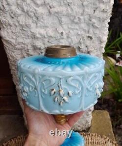 Pair Victorian Blue Moulded Cased Glass Oil Lamp Fonts, Gilding Rubbed