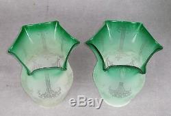 Pair Victorian Green Etched Glass Kerosene Oil Gas Upright Mantle Lamp Shade