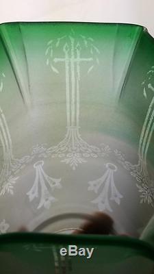 Pair Victorian Green Etched Glass Kerosene Oil Gas Upright Mantle Lamp Shade