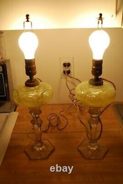 Pair Victorian Harrach Vaseline Opalescent Uranium Converted Oil Lamps 1890s