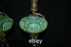 Pair Victorian Harrach Vaseline Opalescent Uranium Converted Oil Lamps 1890s