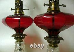 Pair Vintage Ruby RED Clear Glass French Oil Style LAMPS Victorian Empire Style