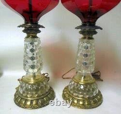 Pair Vintage Ruby RED Clear Glass French Oil Style LAMPS Victorian Empire Style