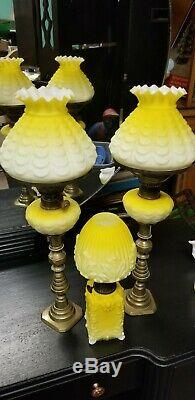 Pair Yellow Victorian Antique Satin Glass Peg Lamps & Oil Lamp Antique RARE