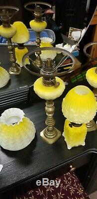 Pair Yellow Victorian Antique Satin Glass Peg Lamps & Oil Lamp Antique RARE