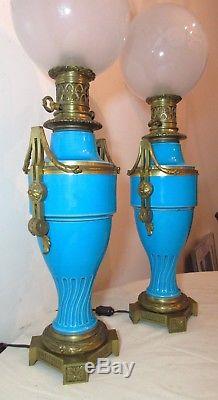 Pair of 2 antique 1800's Sevres porcelain gilt bronze kerosene oil table lamps