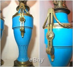 Pair of 2 antique 1800's Sevres porcelain gilt bronze kerosene oil table lamps